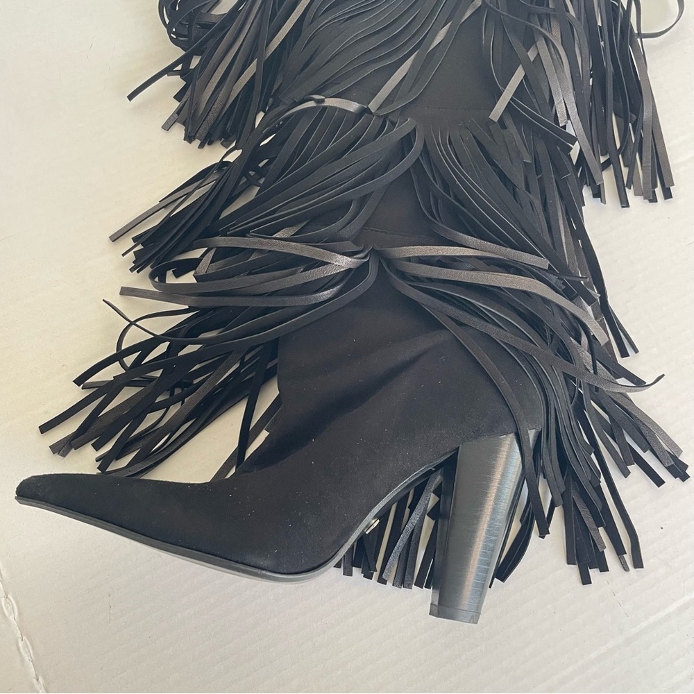 Zara Black Fringe Heeled Knee High Suede Boots Western Maximalism CoastalCowgirl - Picture 5 of 16